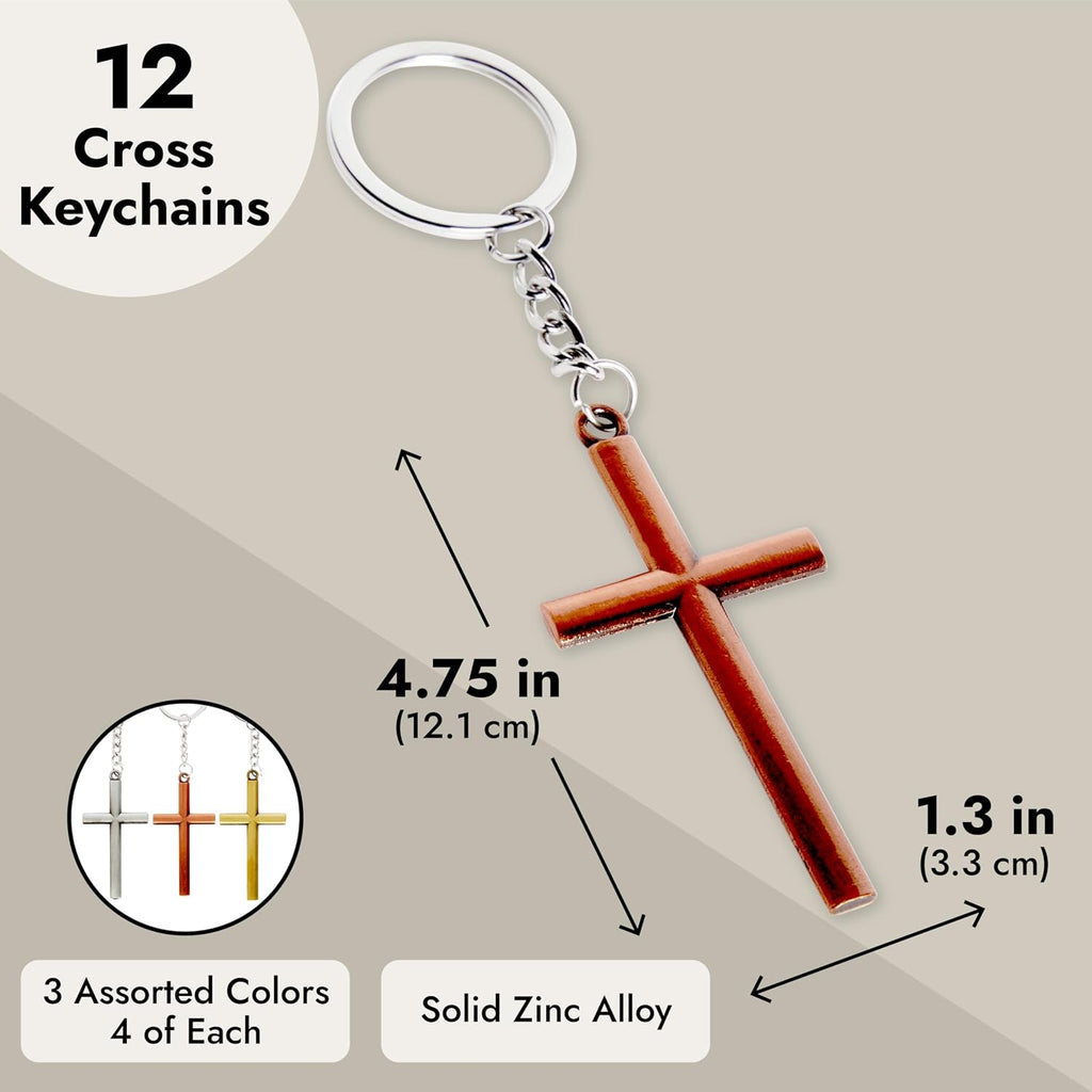 Cross Keychain Set - Bulk Metal Cross Keychain Party Favors - Christian Gift Ideas - Small, Zinc Alloy, 12-Pack, Silver, Gold & Copper