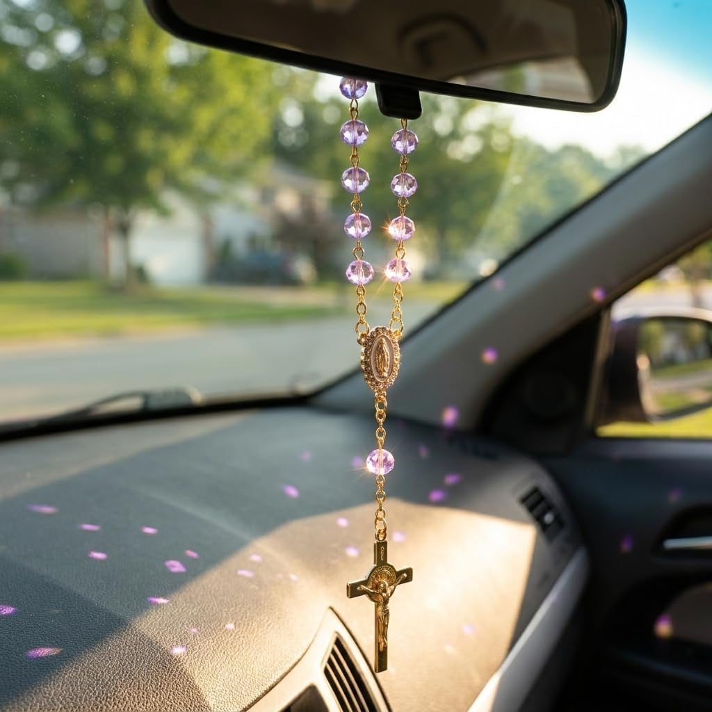 Car Rosary for Vehicle, Steering Wheel Rosary Charm Cross Pendant Car Decor