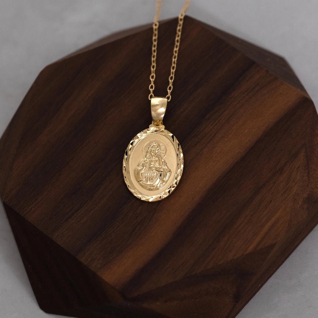 18K Gold Filled Sacred Heart of Jesus Medallion Pendant Necklace Religious Medal Gift Jewelry