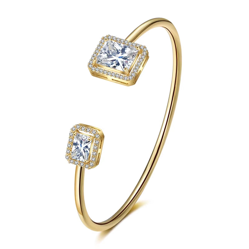 Luxury Geometry Gold Color Cuff Bangles for Women Fashion Cubic Zirconia Bracelets INS Party Everyday Jewlery.