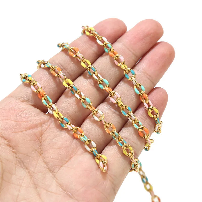 1 Meter Stainless Steel Gold Oval Satellite Enamel Rolo Chains 5.5Mm Rainbow Necklace Lip Chain for Minimalist Jewlery Making