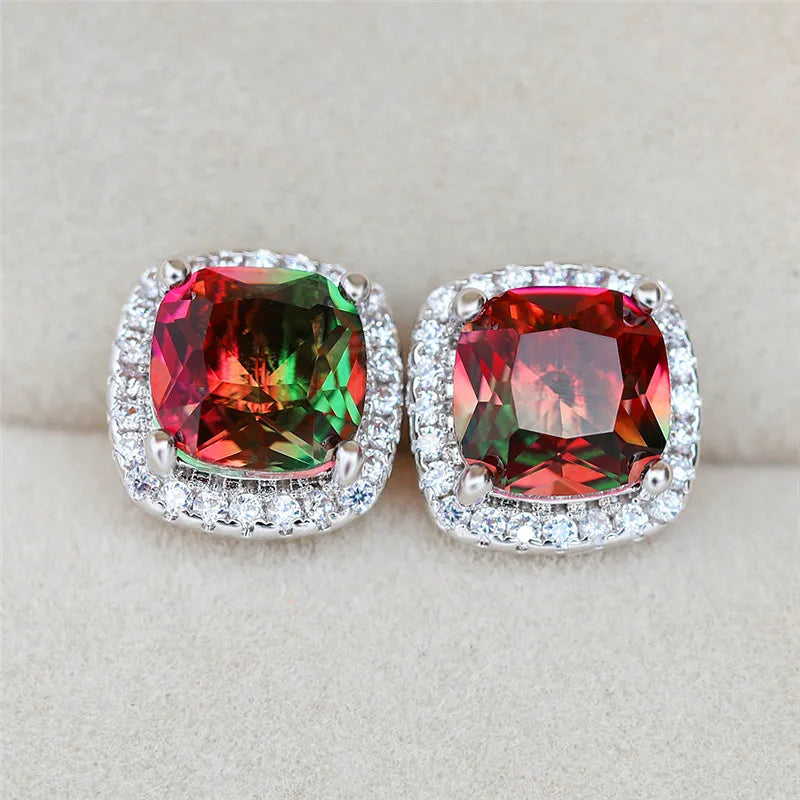 Korean Style Female Colorful Rainbow Stud Earrings Charm Zircon Stone Rose Gold Color Wedding Jewelry for Women