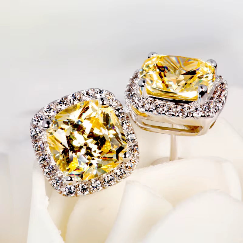 Luxury Female Crystal Zircon Stone Earrings Fashion Silver Color Yellow Double Stud Earrings for Women