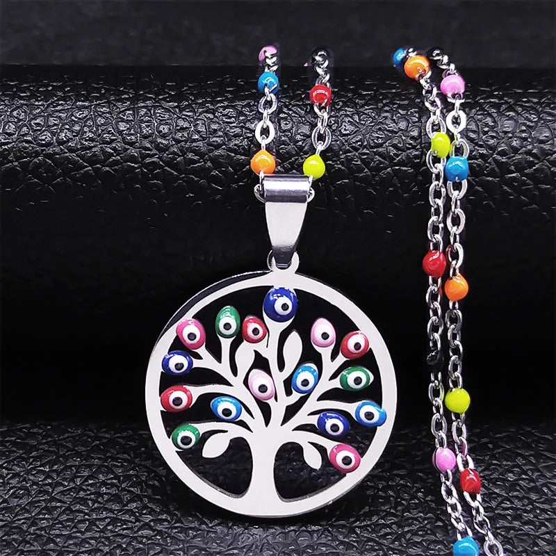 Bohemian Colorful Turkey Eyes Stainless Steel Tree of Life Chain Necklace Gold Color Necklaces Jewelry Arbre De Vie N5210S04