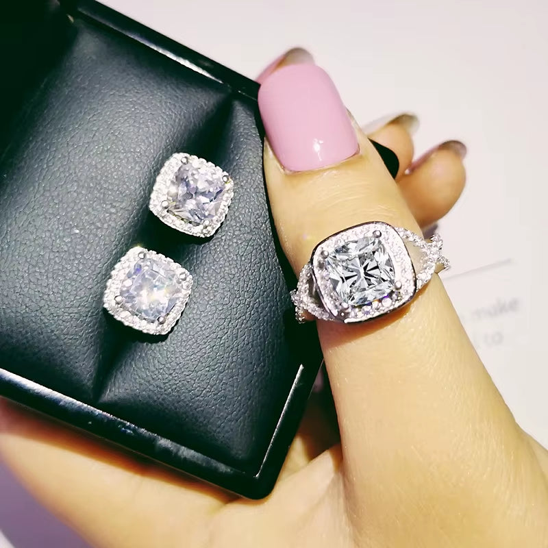 India Turkish Luxury Fashion Pink Blue Silver Color Jewelry Set for Wedding Women Dubai Ring Earring Party Gift Jewlery Z8
