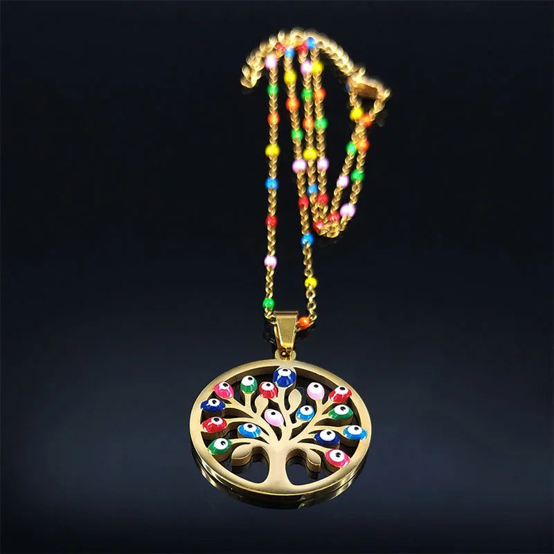 Bohemian Colorful Turkey Eyes Stainless Steel Tree of Life Chain Necklace Gold Color Necklaces Jewelry Arbre De Vie N5210S04