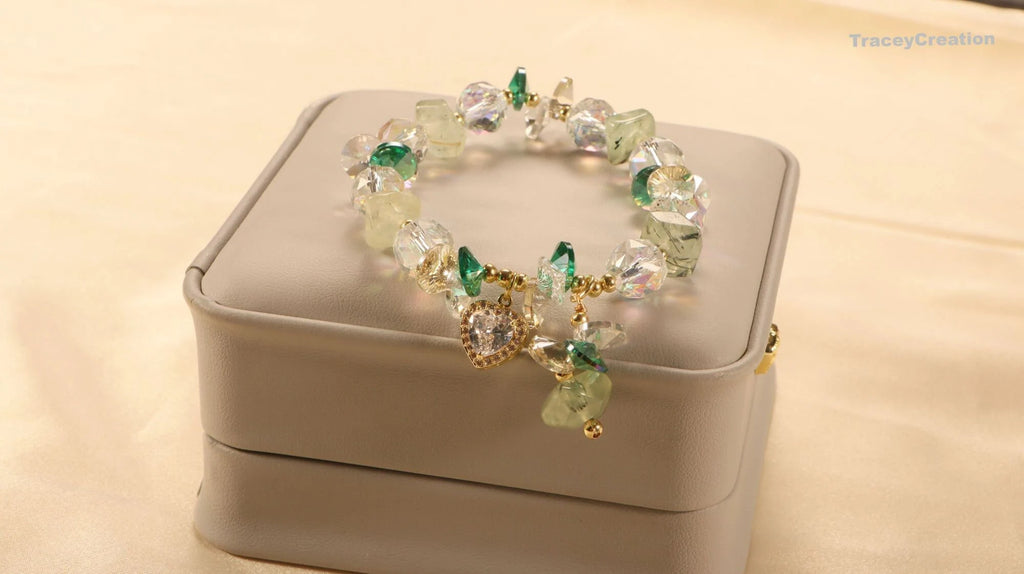 Prehnite Crystal Bracelet with Zircon Heart: Gemstone Meditation Jewelry