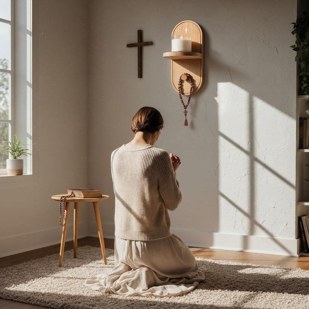 Wooden Christian Rosary Prayer Shelf with Candle Holder Catholic