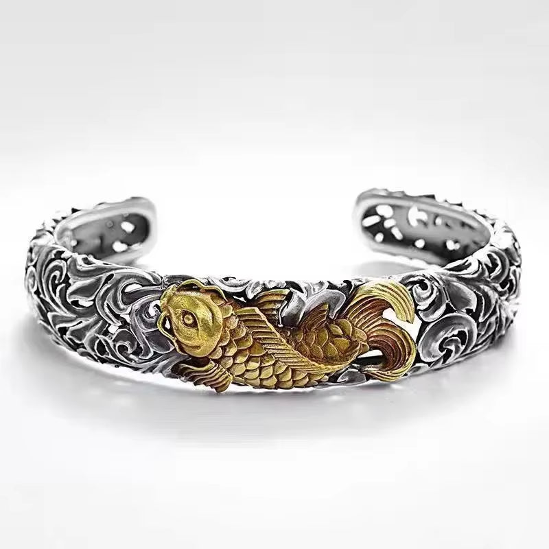 Retro Punk Koi Fish Engraved Pattern Bracelet Suitable for Men and Women Good Luck Trendy Open Bracelet Jewelry Gift