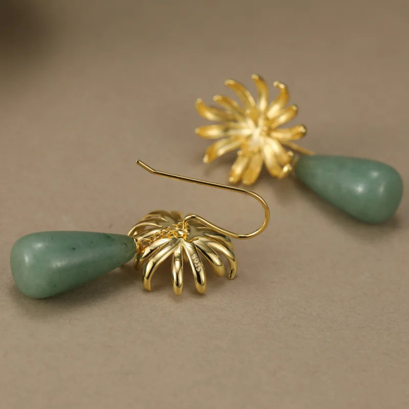 Real 925 Sterling Silver Natural Stones Handmade Jewlery Elegant Chrysanthemu Drop Earrings