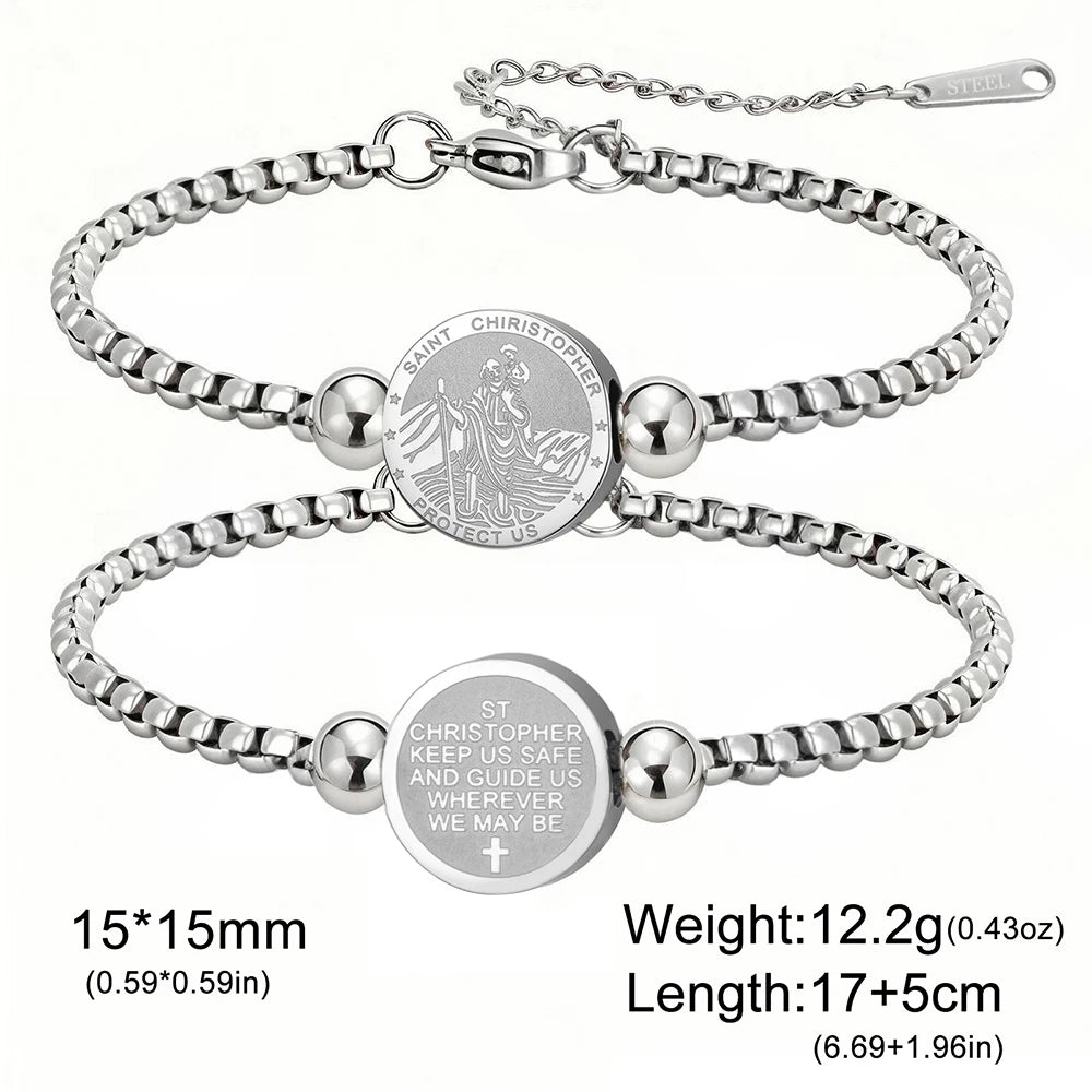 Saint Christopher Bracelet Double Sides Charm Religious Christian Protection Jewelry Catholic Gifts Stainless Steel Bracelet