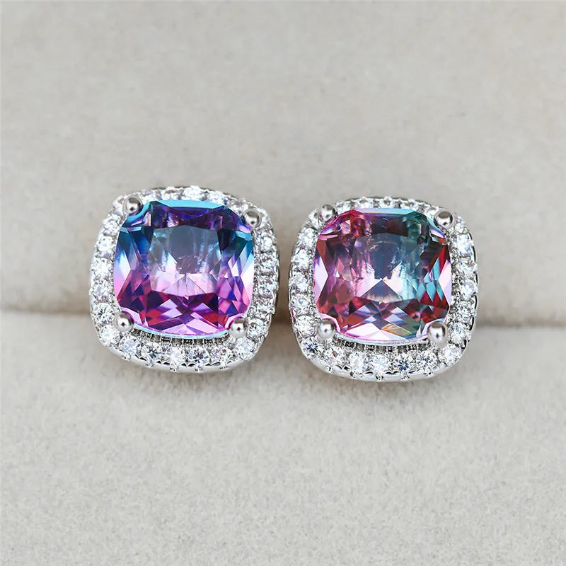Korean Style Female Colorful Rainbow Stud Earrings Charm Zircon Stone Rose Gold Color Wedding Jewelry for Women