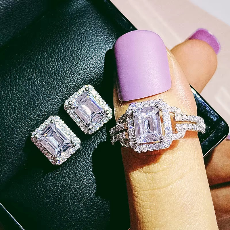 India Turkish Luxury Fashion Pink Blue Silver Color Jewelry Set for Wedding Women Dubai Ring Earring Party Gift Jewlery Z8