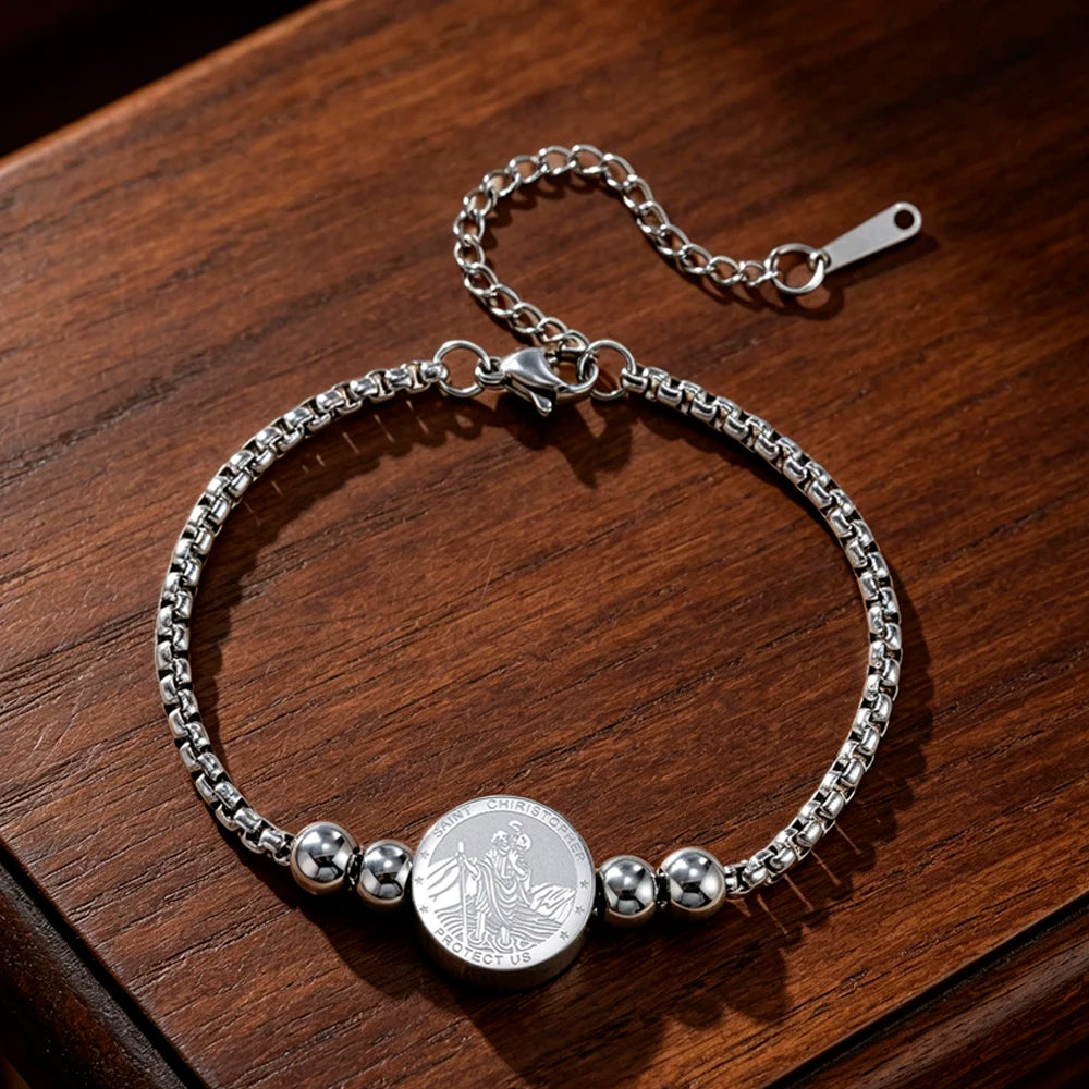 Saint Christopher Bracelet Double Sides Charm Religious Christian Protection Jewelry Catholic Gifts Stainless Steel Bracelet