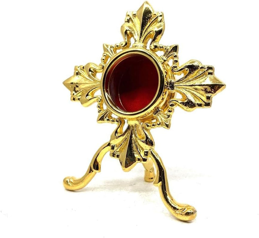 Solid Brass Reliquary - 24 Carat Gold-Plated Catholic Monstrance Cross Decor Stand with Red Center - My Catholic Faith Sacred Gift for Altar or Devout Collectors