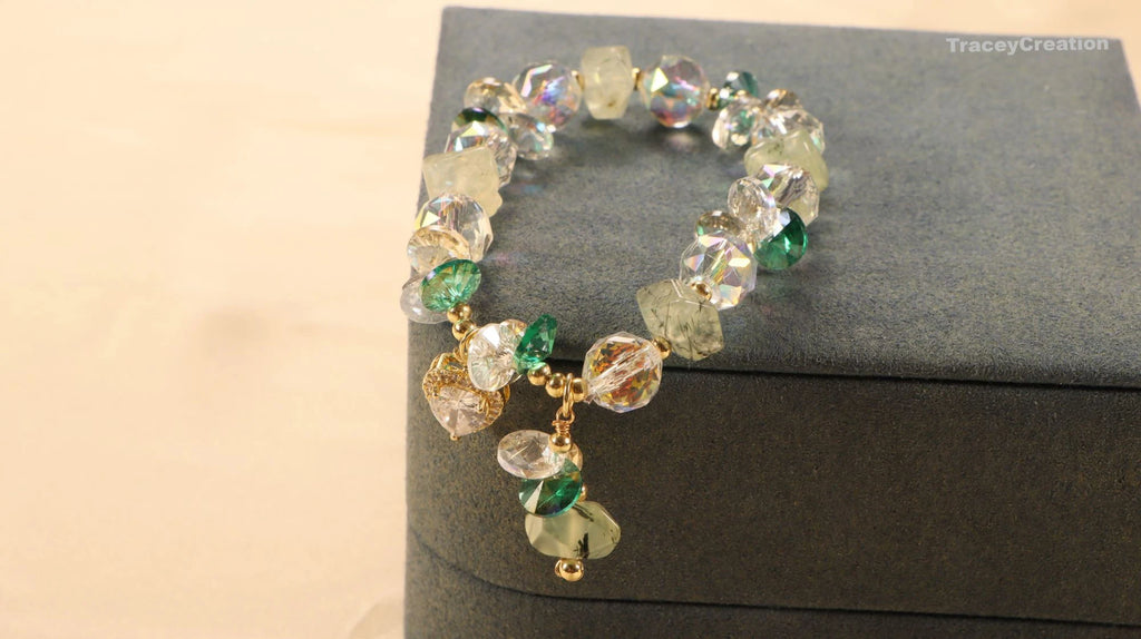 Prehnite Crystal Bracelet with Zircon Heart: Gemstone Meditation Jewelry