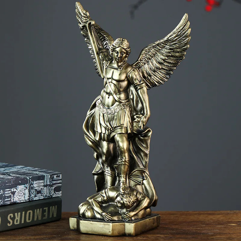 San Miguel Archangel Statue Retro Bronzed Resin Mythology Angel Figurine Christian Catholic Home Decorations Desktop Ornaments