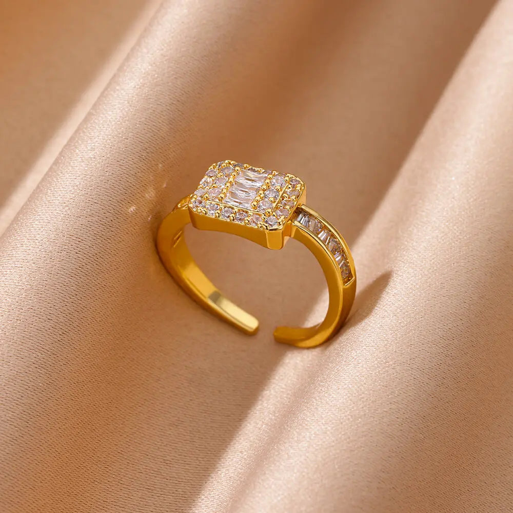 Zircon Geometric Rings for Women Stainless Steel Open Luxury Gold Color Wedding Couple Ring Party Jewlery Accessories Anillos