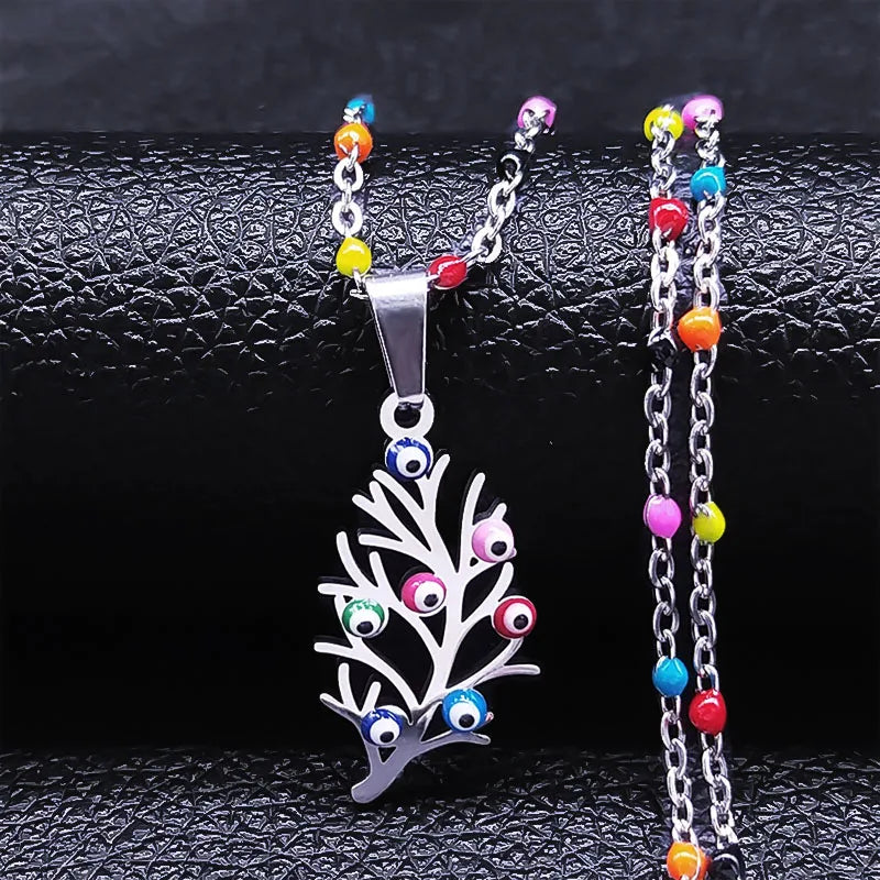 Bohemian Colorful Turkey Eyes Stainless Steel Tree of Life Chain Necklace Gold Color Necklaces Jewelry Arbre De Vie N5210S04