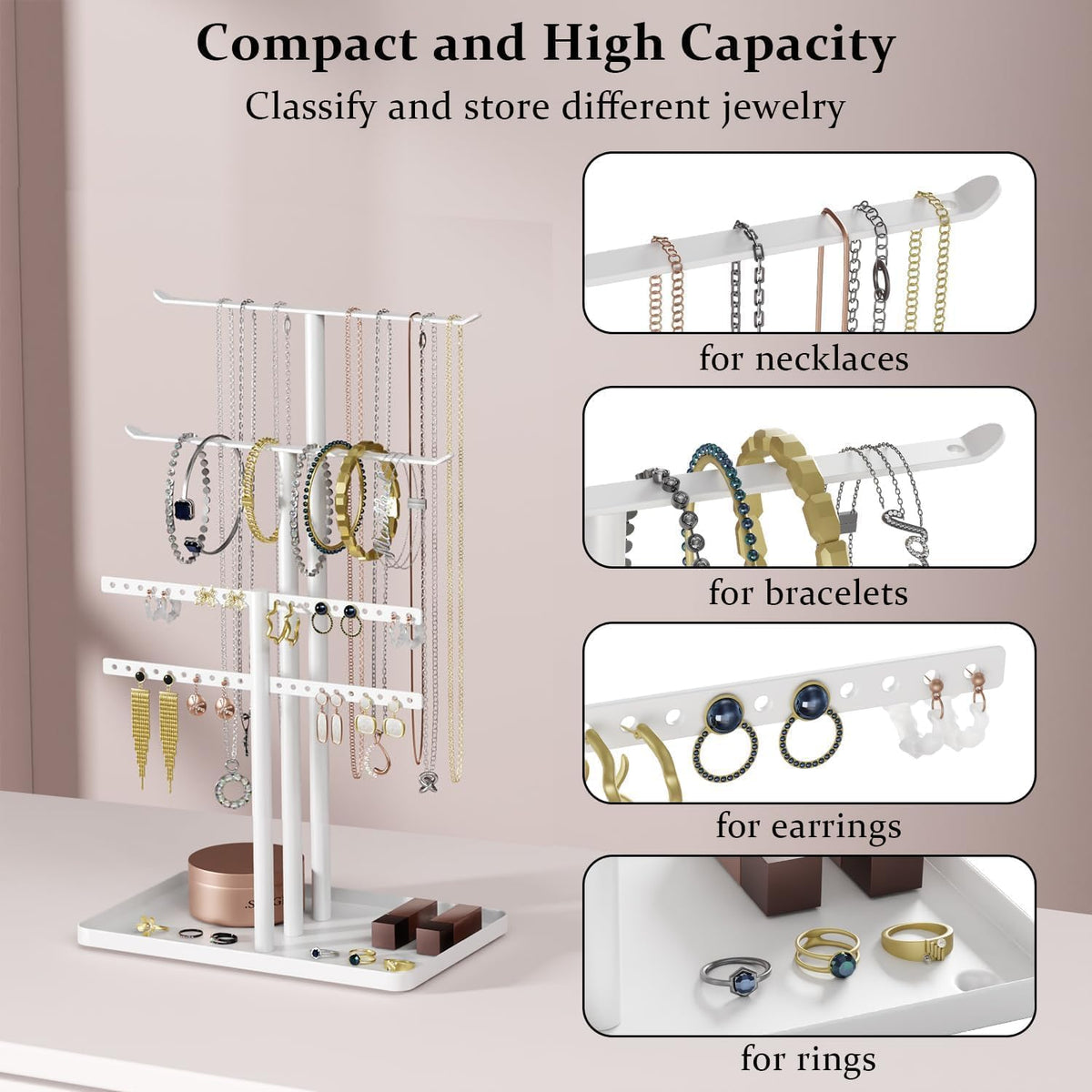 White Jewelry Organizer: 12.5" Sturdy Stand for 80 Pcs Jewelry