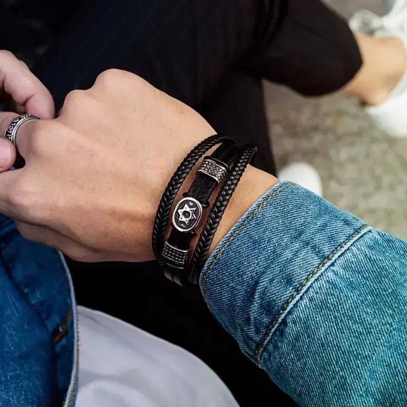 Fashion Star of David Multilayer Leather Braided Bracelet with Magnetic Clasp Men\\\\\\\'S Vintage Judaica Amulet Jewelry