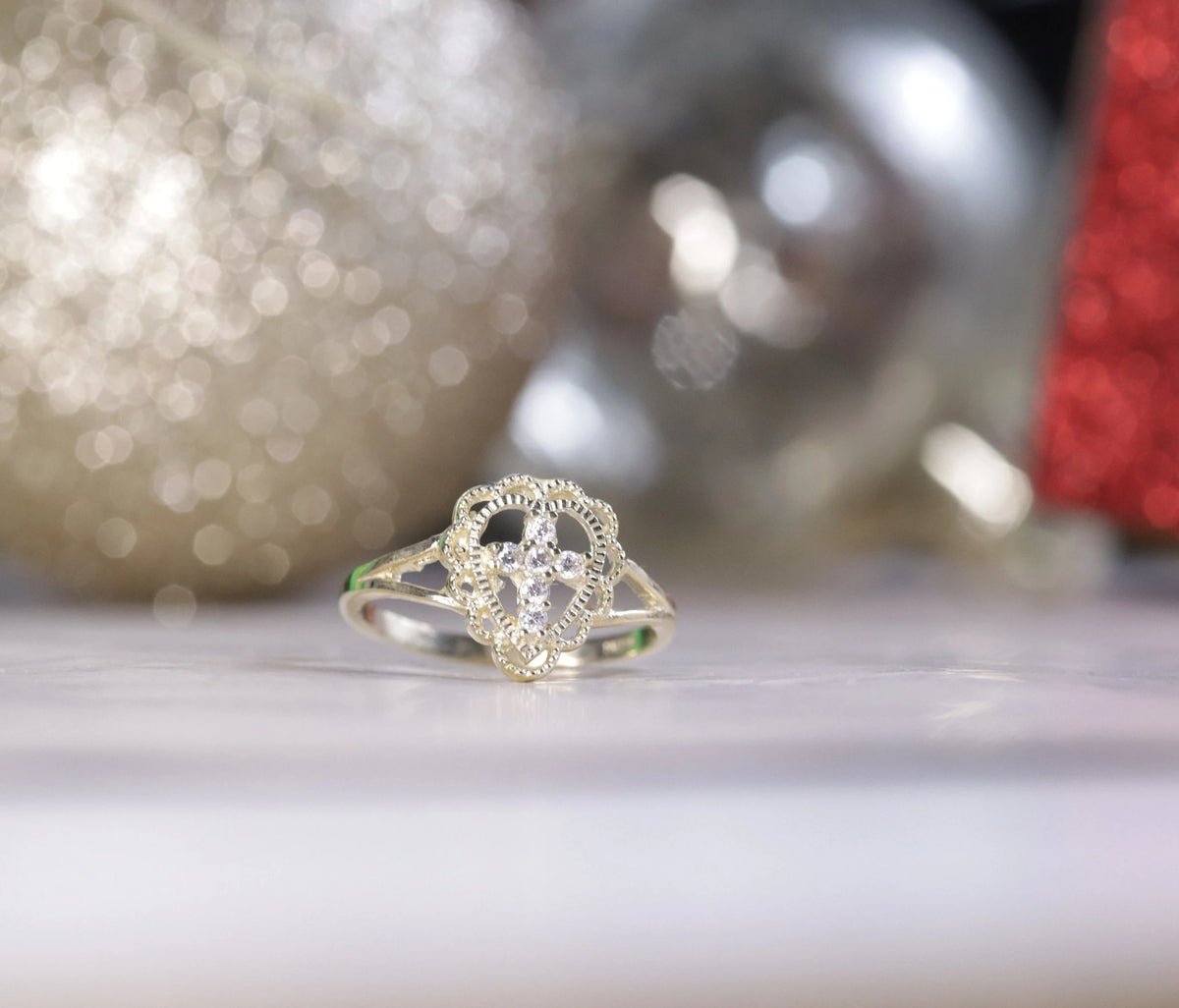 10K Yellow Gold CZ Cross Ring - Religious Gift