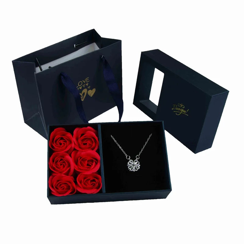Necklace Earrings Jewelry Suit Four Leaf Clover Jewlery for Party Wedding Eternal Life Flower Gift Box