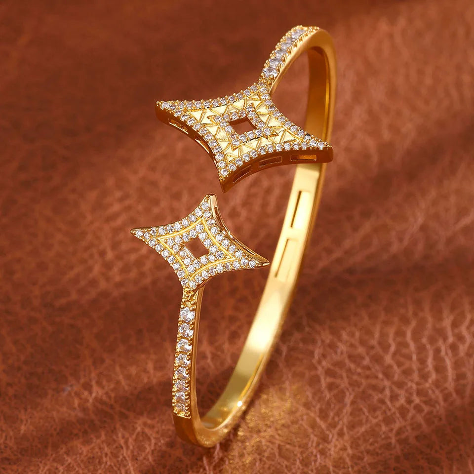 Luxury Geometry Gold Color Cuff Bangles for Women Fashion Cubic Zirconia Bracelets INS Party Everyday Jewlery.