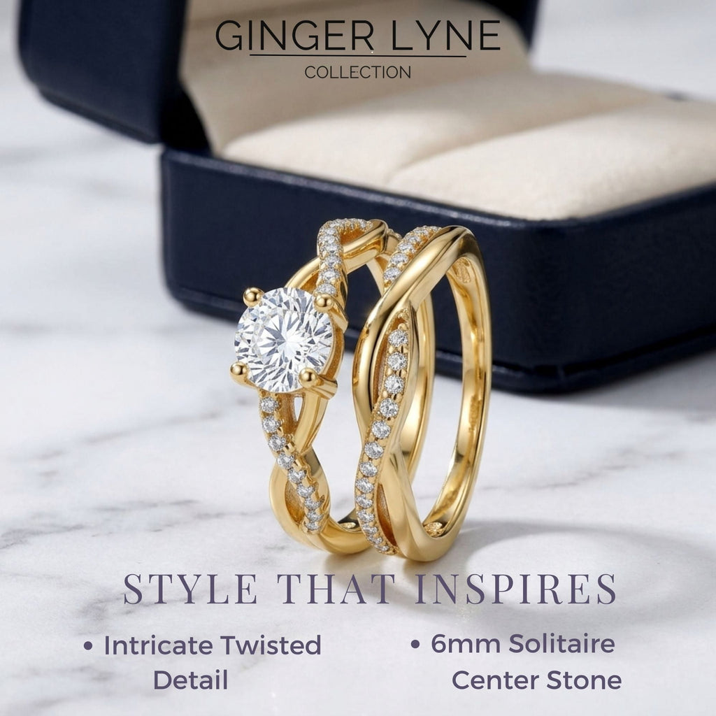 Queena 14K Gold over Sterling Silver Wedding Ring Set CZ Anniversary Band Engagement Ring for Women by Gingerlyne