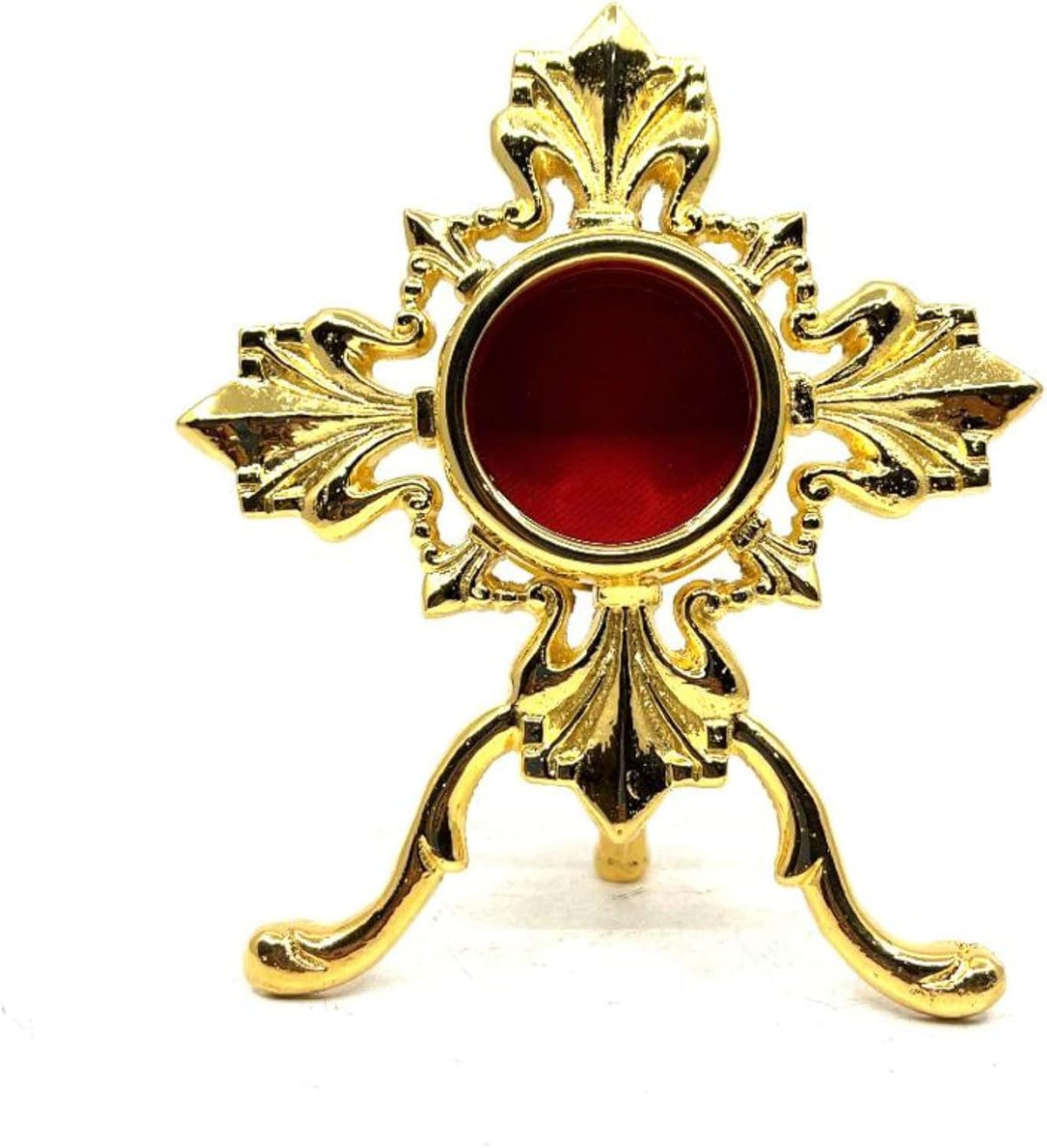 Solid Brass Reliquary - 24 Carat Gold-Plated Catholic Monstrance Cross Decor Stand with Red Center - My Catholic Faith Sacred Gift for Altar or Devout Collectors