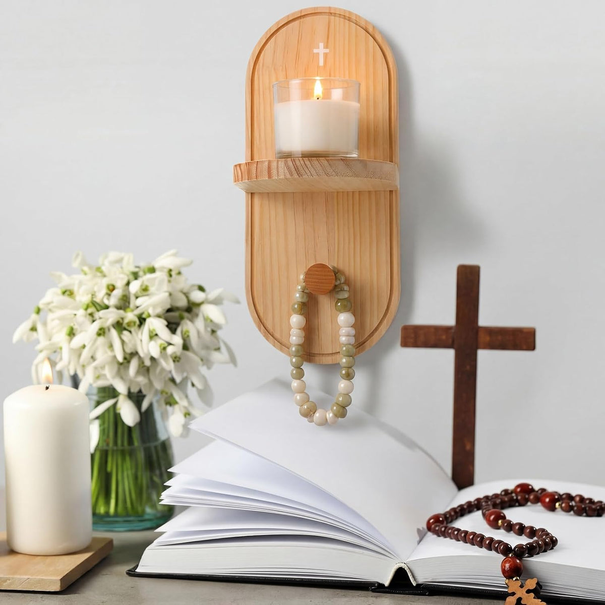 Wooden Christian Rosary Prayer Shelf with Candle Holder Catholic