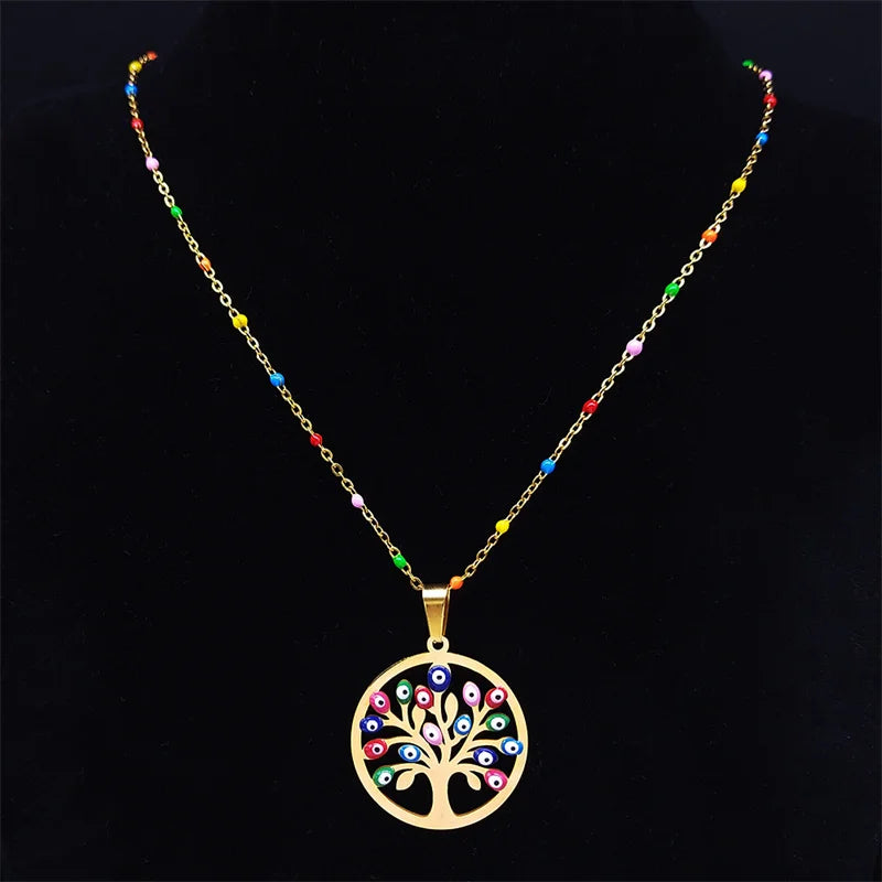 Bohemian Colorful Turkey Eyes Stainless Steel Tree of Life Chain Necklace Gold Color Necklaces Jewelry Arbre De Vie N5210S04