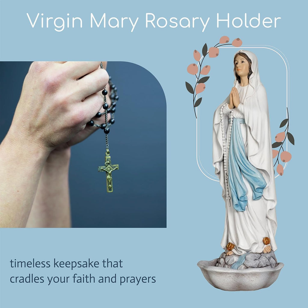 Our Lady of Lourdes Statue - 13 Inch Virgin Mary Praying Rosary Holder Catholic Blessed Mother Statue Hand Painted, Home Decor Religious Gift