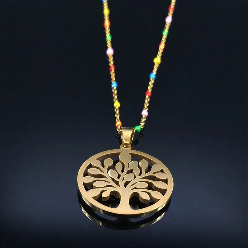Bohemian Colorful Turkey Eyes Stainless Steel Tree of Life Chain Necklace Gold Color Necklaces Jewelry Arbre De Vie N5210S04