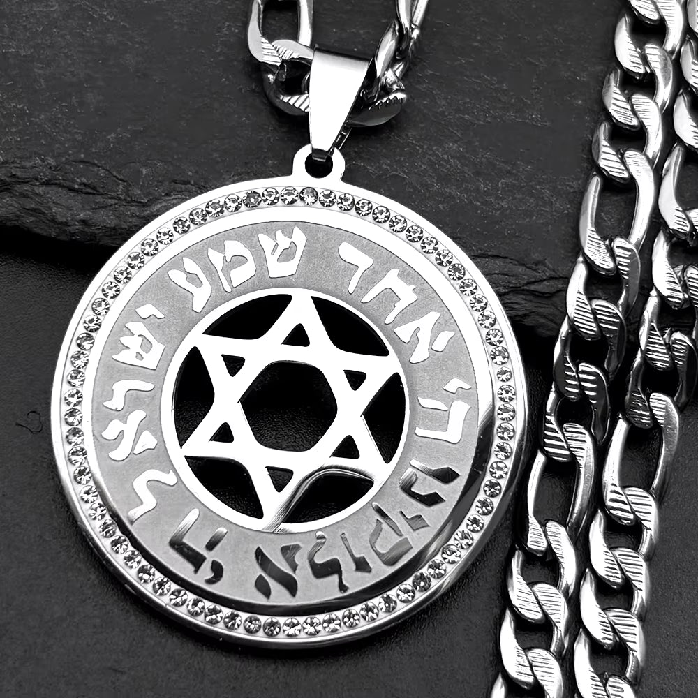 Hebrew Star of David Crystals Pendant Necklace for Women Men Stainless Steel Gold Color Jewish Hexagram Hip Hop Chain Jewelry