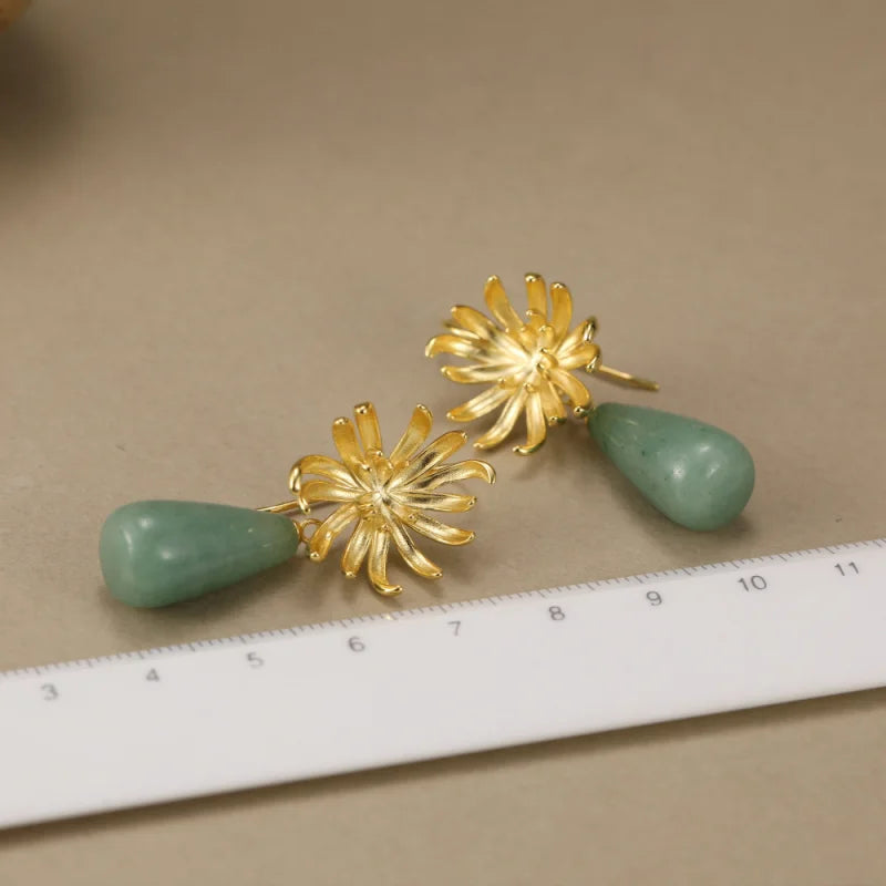 Real 925 Sterling Silver Natural Stones Handmade Jewlery Elegant Chrysanthemu Drop Earrings