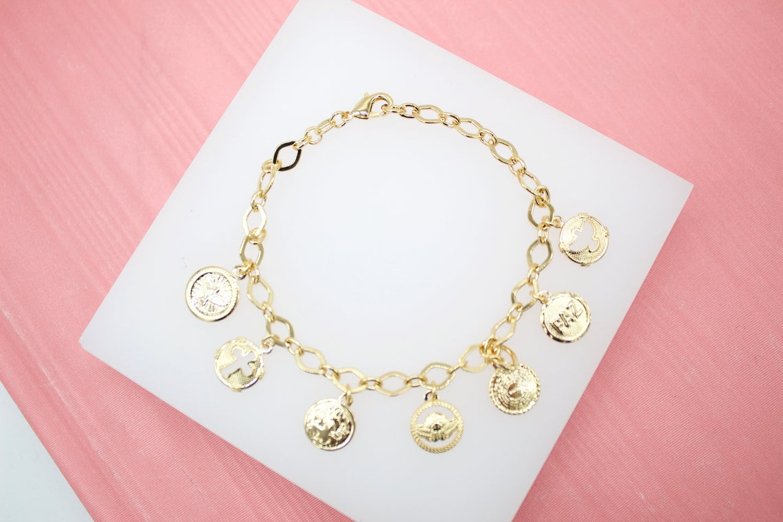 18K Gold Filled Christian Coin Religious Charm Bracelet