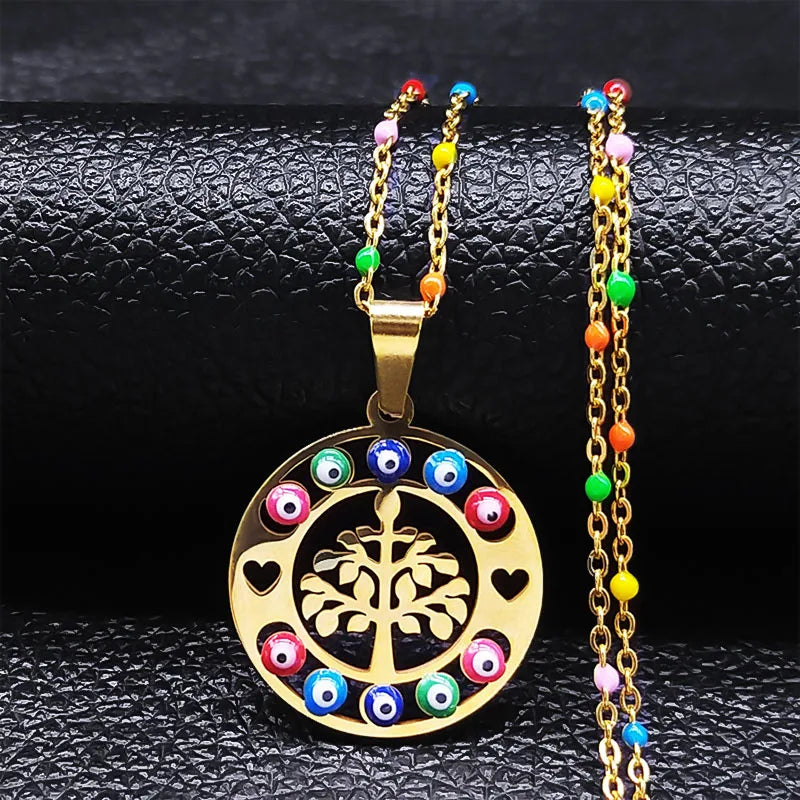 Bohemian Colorful Turkey Eyes Stainless Steel Tree of Life Chain Necklace Gold Color Necklaces Jewelry Arbre De Vie N5210S04