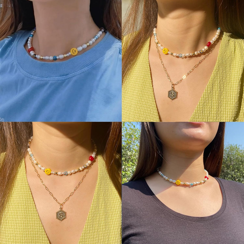 Natural Freshwater Pearl Fun Flirty Beaded Choker Necklace Handmade Summer Boho Jewlery Gifts for Women Teen