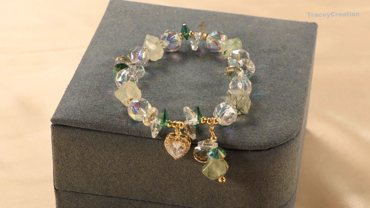 Prehnite Crystal Bracelet with Zircon Heart: Gemstone Meditation Jewelry