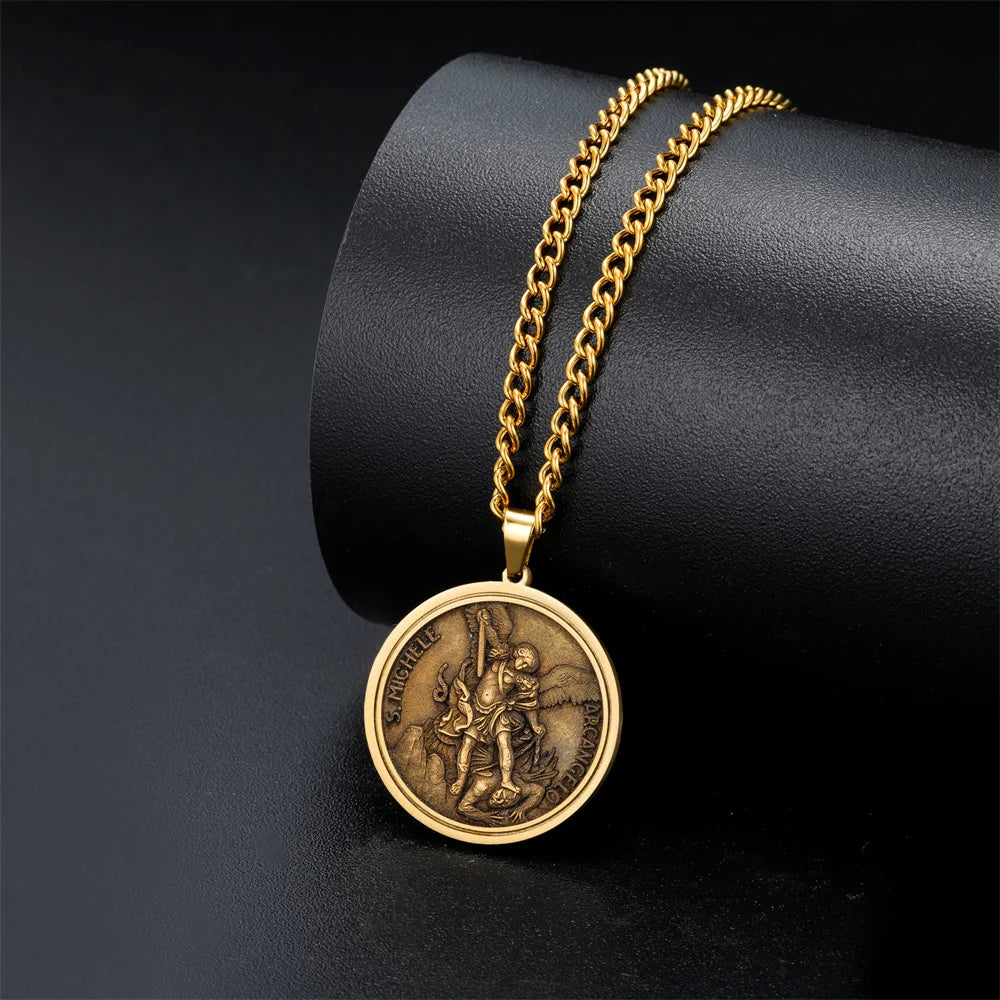 St. Michael Archangel Necklace Vintage Embossed Brass Medal Necklace Catholic Protection Amulet Men Religious Pendant Jewelry