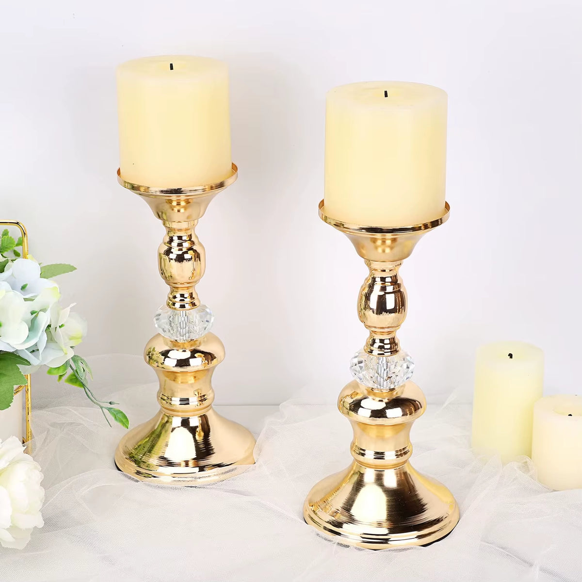 Gold Metal Pillar Candlestick Holders Vintage Pillar Candle Holders Elegant Metal Crystal Pillar Candle Stands