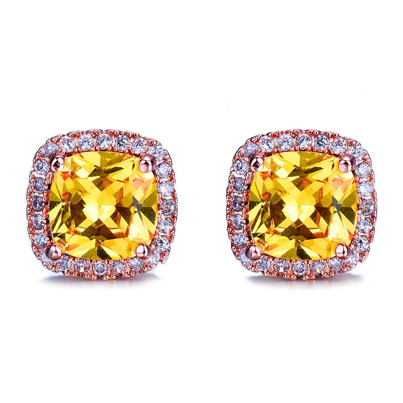 Luxury Female Crystal Zircon Stone Earrings Fashion Silver Color Yellow Double Stud Earrings for Women