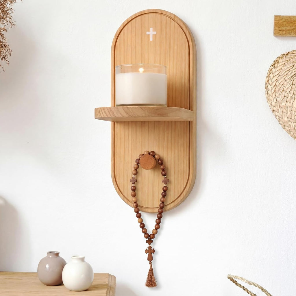Wooden Christian Rosary Prayer Shelf with Candle Holder Catholic