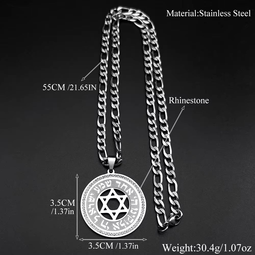 Hebrew Star of David Crystals Pendant Necklace for Women Men Stainless Steel Gold Color Jewish Hexagram Hip Hop Chain Jewelry