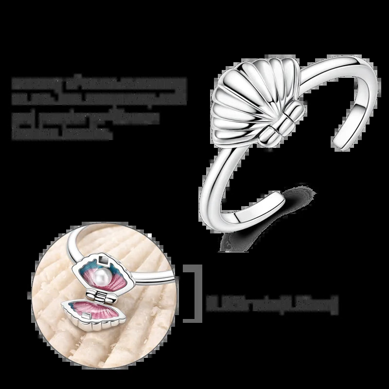 Summer New 925 Sterling Silver Openable Pearl Shell Rings Charms Fit DIY Finger Women Party Travel Jewelry Gift for Girl