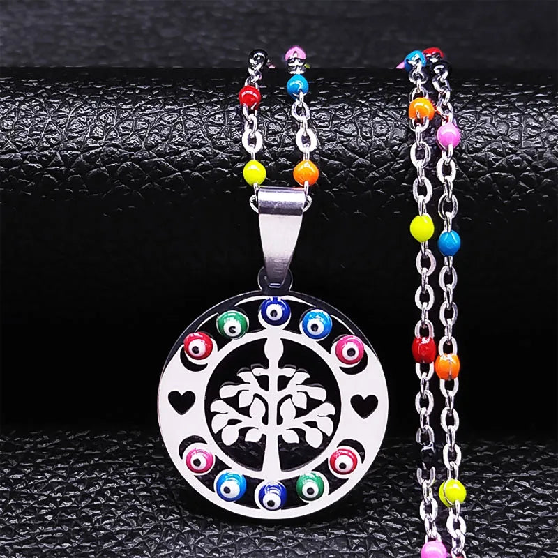 Bohemian Colorful Turkey Eyes Stainless Steel Tree of Life Chain Necklace Gold Color Necklaces Jewelry Arbre De Vie N5210S04