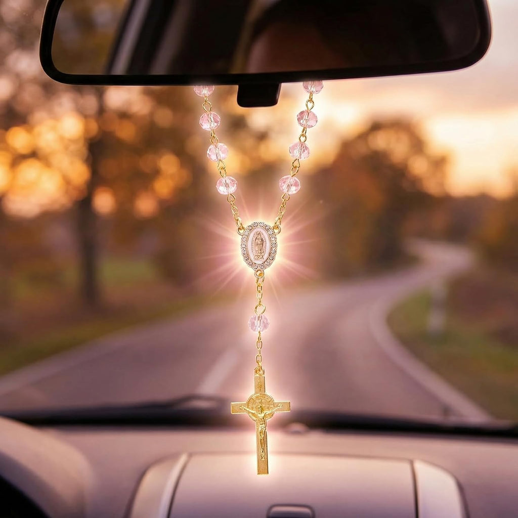 Car Rosary for Vehicle, Steering Wheel Rosary Charm Cross Pendant Car Decor