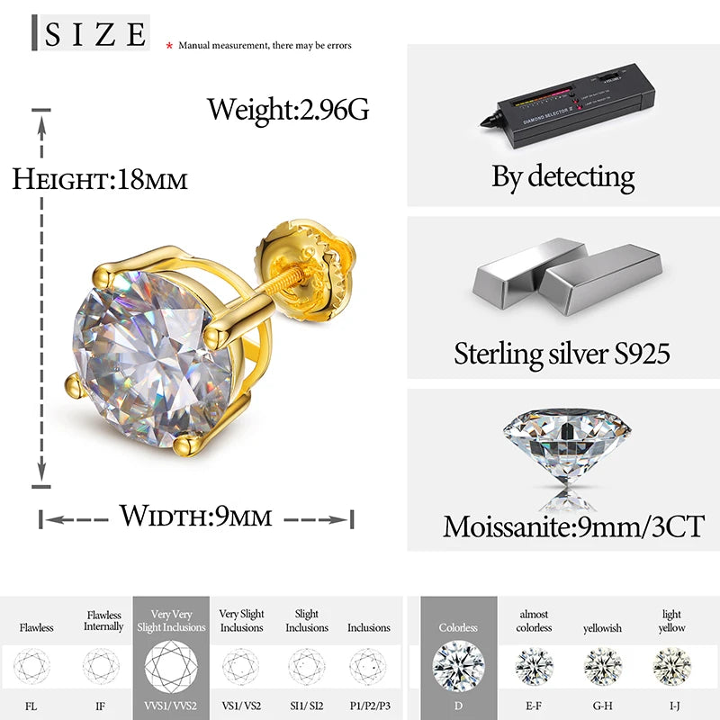 9Mm 3CT Moissanite Stud  Men Fine Jewlery 925 Sterling Silver Shining Wedding Engagement Ear Jewelry Girl Gift