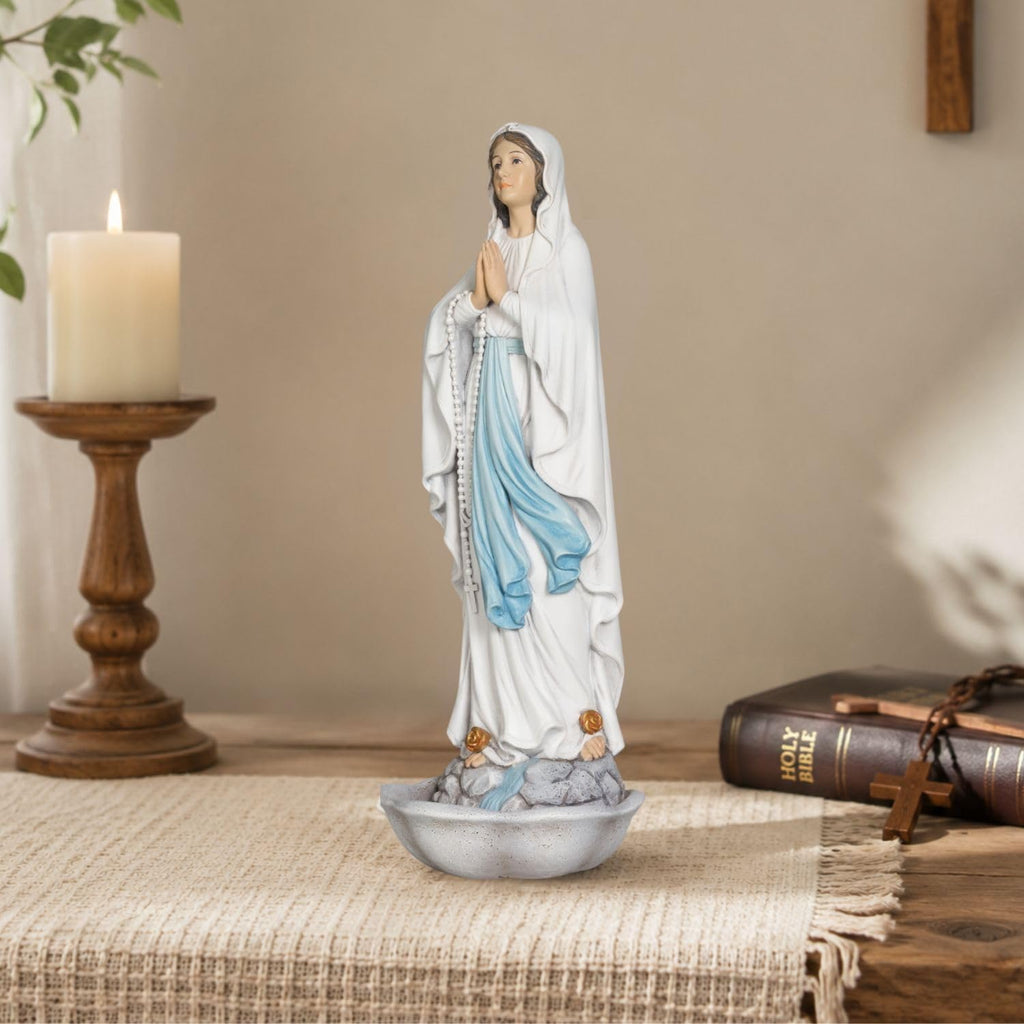 Our Lady of Lourdes Statue - 13 Inch Virgin Mary Praying Rosary Holder Catholic Blessed Mother Statue Hand Painted, Home Decor Religious Gift